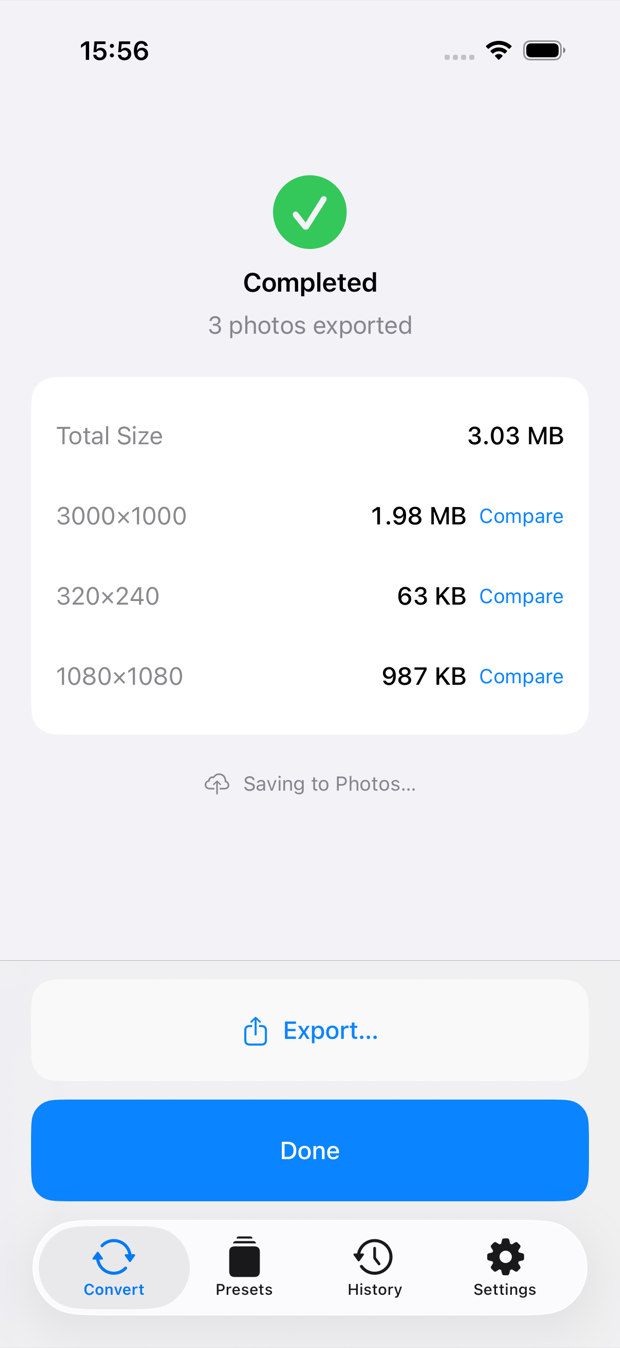 Conversion complete screen showing the resulting file size next to the original.
