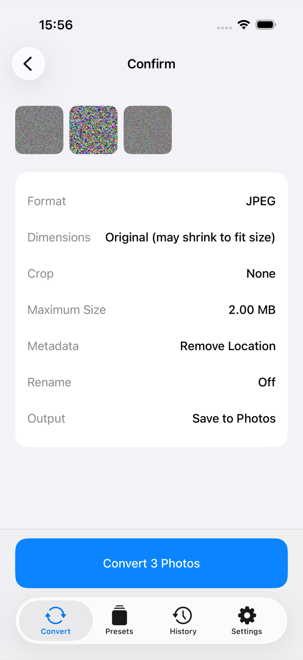 Confirmation screen listing the output format, dimensions and expected file size before conversion starts.