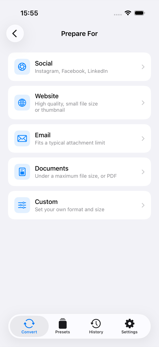 Destination categories screen: Social Media, Website, Email, Documents.