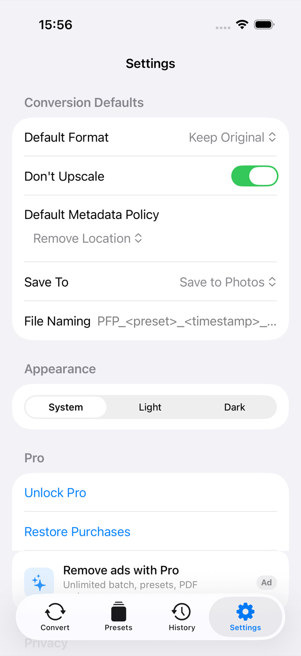 Settings screen listing format support and the on-device privacy statement.